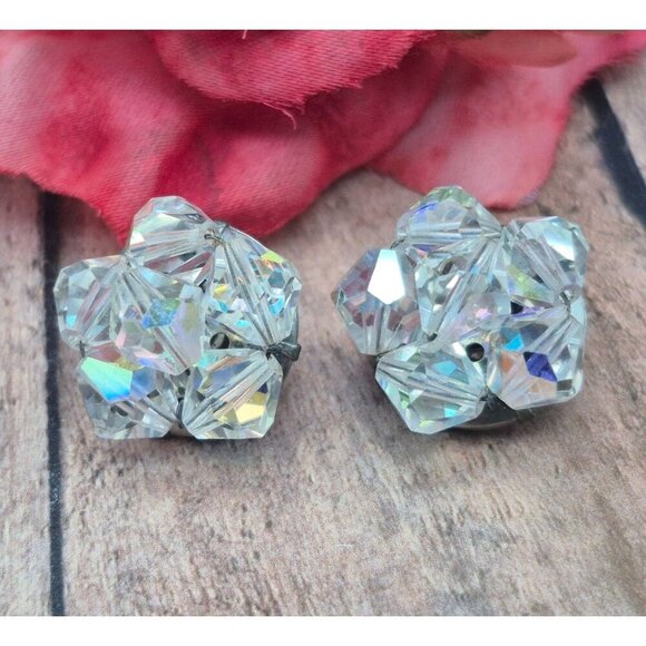 Vintage AB Crystal Collar Necklace & Clip On Cluster Earrings Set Arora Borealis - Picture 7 of 11